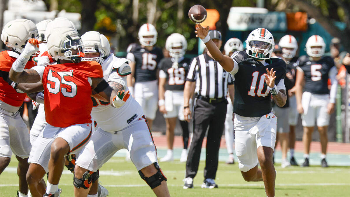 Miami Hurricanes quarterback Darian Mensah (10) passes during UM’s spring football game at Cobb Stadium on the University of Miami campus in Coral Gables, Florida, on Saturday, April 18, 2026. Miami Hurricanes quarterback Darian Mensah (10) passes during UM’s spring football game at Cobb Stadium on the University of Miami campus in Coral Gables, Florida, on Saturday, April 18, 2026.